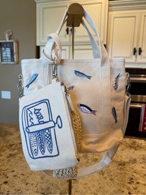 Canvas Sardine Tote Bag with Removable Pouch - Natural/Blue
